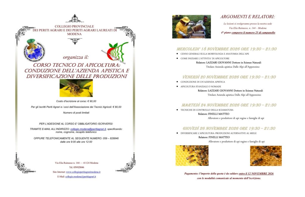 Corso tecnico di apicoltura – Modena, 18, 20, 24 e 26 novembre 2026